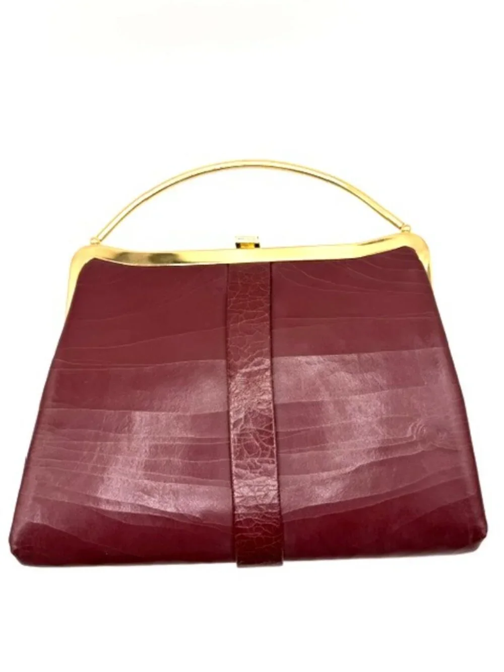 Vintage Burgundy Frame Handbag Gold Tone Top Handle Evening Clutch